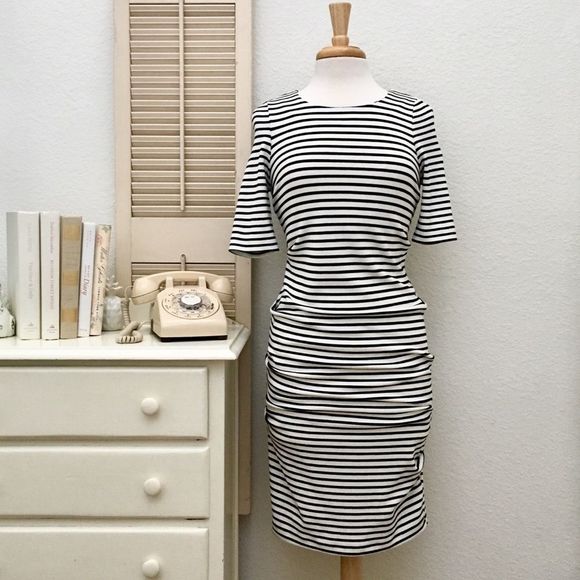 A Pea in the Pod Striped Body Contour Ruched Maternity Dress, Small - Picture 2 of 8